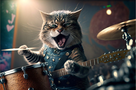 Cats as rock stars at concert created with generative AI technology. High quality illustrationの写真素材
