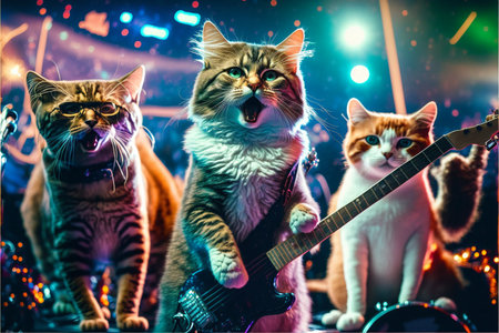 Cats as rock stars playing guitar at concert created with generative AI technology. High quality illustrationの写真素材