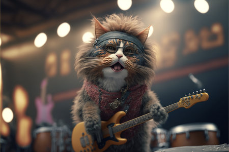 Cats as rock stars playing guitar at concert created with generative AI technology. High quality illustrationの写真素材