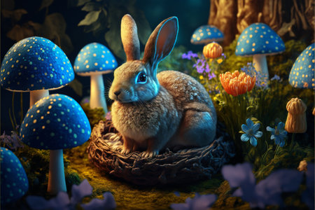 Easter bunny, basket and eggs created with generative AI technology. High quality illustrationの写真素材