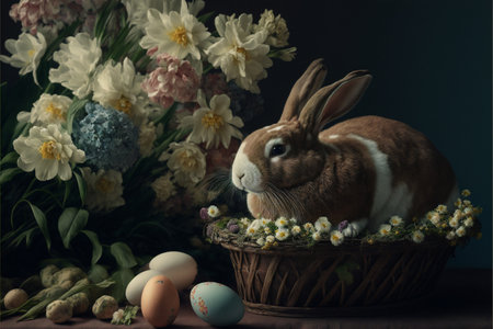 Easter bunny sitting among eggs created with generative AI technology. High quality illustrationの写真素材