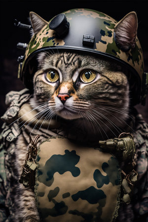 Cat as a soldier of the Ukrainian army created with generative AI technology. High quality illustrationの写真素材