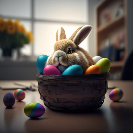 Easter bunny, basket and eggs created with generative AI technology. High quality illustrationの写真素材
