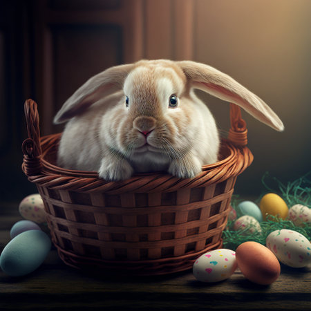 Easter bunny, basket and eggs created with generative AI technology. High quality illustrationの写真素材