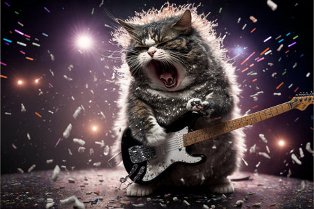 Cats as rock stars playing guitar at concert created with generative AI technology. High quality illustrationの写真素材