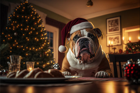 Dog wearing Christmas hat amid Christmas background created with generative AI technology. High quality illustrationの写真素材