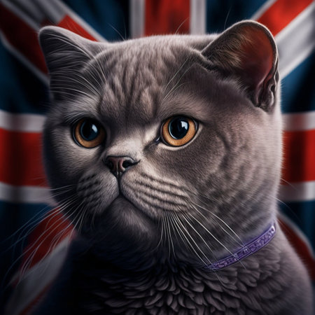 British Shorthair is the pedigreed version of the traditional British domestic cat, with a distinctively stocky body, dense coat, and broad face. Created with generative AI technology. High quality illustrationの写真素材