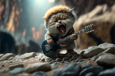 Cats as rock stars playing guitar at concert created with generative AI technology. High quality illustrationの写真素材