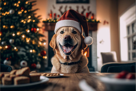 Dog wearing Christmas hat amid Christmas background created with generative AI technology. High quality illustrationの写真素材