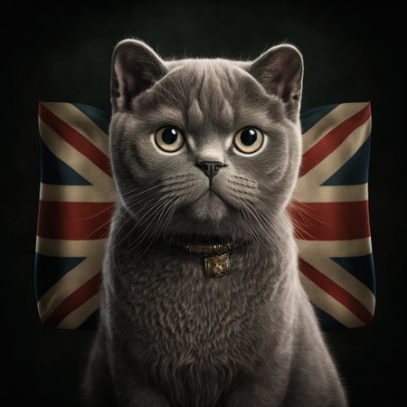 British Shorthair is the pedigreed version of the traditional British domestic cat, with a distinctively stocky body, dense coat, and broad face. Created with generative AI technology. High quality illustrationの写真素材