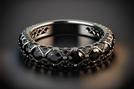 Platinum Round Cut Black Diamond with Diamond Half Ring created with generative AI technology. High quality illustrationの写真素材