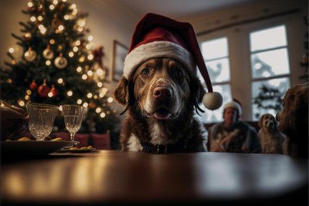 Dog wearing Christmas hat amid Christmas background created with generative AI technology. High quality illustrationの写真素材