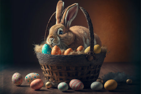 Easter bunny, basket and eggs created with generative AI technology. High quality illustrationの写真素材