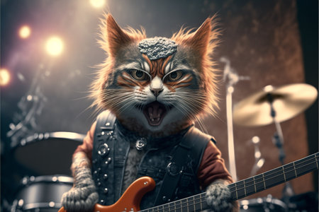 Cats as rock stars playing guitar at concert created with generative AI technology. High quality illustrationの写真素材