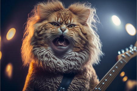 Cats as rock stars playing guitar at concert created with generative AI technology. High quality illustrationの写真素材