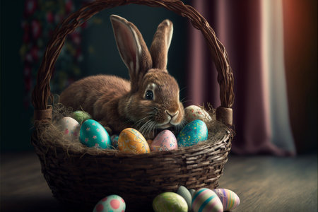 Easter bunny, basket and eggs created with generative AI technology. High quality illustrationの写真素材