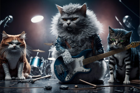 Cats as rock stars playing guitar at concert created with generative AI technology. High quality illustrationの写真素材