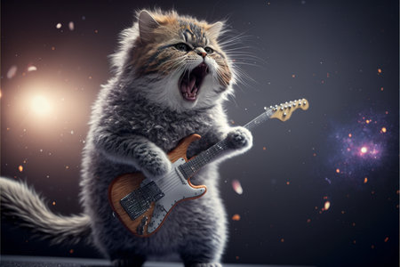 Cats as rock stars playing guitar at concert created with generative AI technology. High quality illustrationの写真素材
