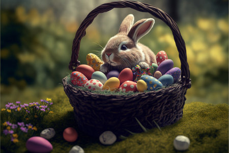Easter bunny, basket and eggs created with generative AI technology. High quality illustrationの写真素材