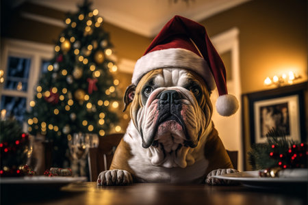 Dog wearing Christmas hat amid Christmas background created with generative AI technology. High quality illustrationの写真素材