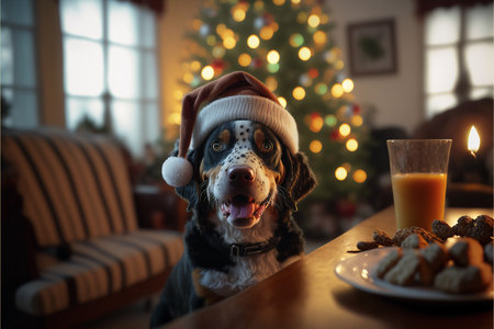 Dog wearing Christmas hat amid Christmas background created with generative AI technology. High quality illustrationの写真素材
