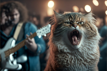 Cats as rock stars playing guitar at concert created with generative AI technology. High quality illustrationの写真素材