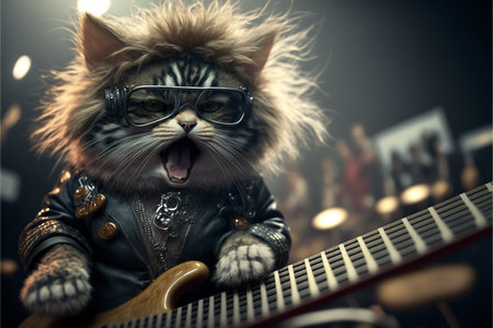 Cats as rock stars playing guitar at concert created with generative AI technology. High quality illustrationの写真素材