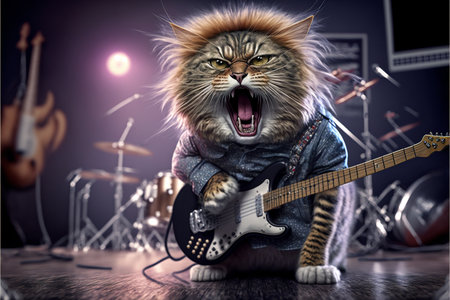 Cats as rock stars playing guitar at concert created with generative AI technology. High quality illustrationの写真素材