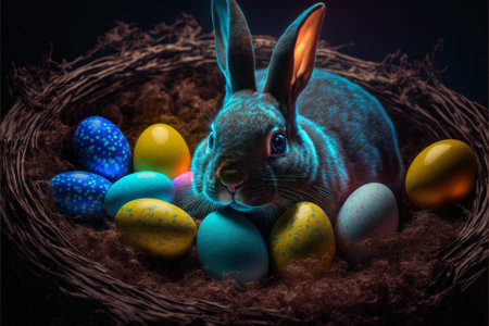 Easter bunny, basket and eggs created with generative AI technology. High quality illustrationの写真素材