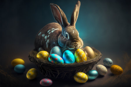 Easter bunny, basket and eggs created with generative AI technology. High quality illustrationの写真素材
