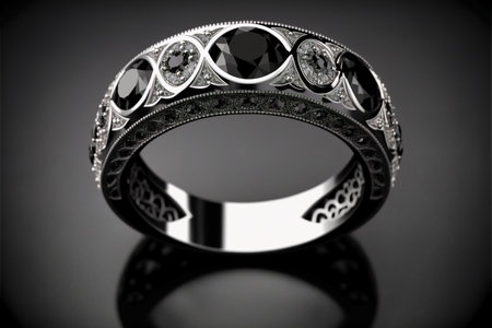 Platinum Round Cut Black Diamond with Diamond Half Ring created with generative AI technology. High quality illustrationの写真素材