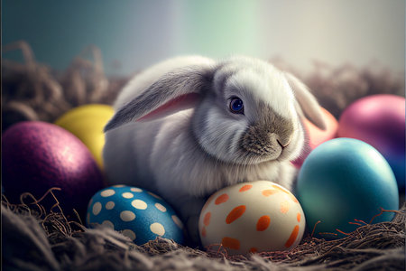 Easter bunny, basket and eggs created with generative AI technology. High quality illustrationの写真素材