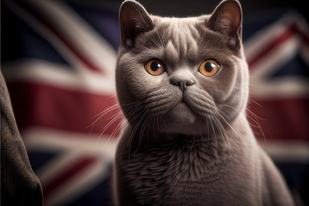 British Shorthair is the pedigreed version of the traditional British domestic cat, with a distinctively stocky body, dense coat, and broad face. Created with generative AI technology. High quality illustrationの写真素材