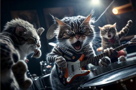 Cats as rock stars playing guitar at concert created with generative AI technology. High quality illustrationの写真素材