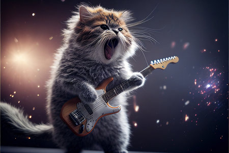 Cats as rock stars playing guitar at concert created with generative AI technology. High quality illustrationの写真素材