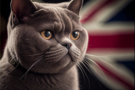 British Shorthair is the pedigreed version of the traditional British domestic cat, with a distinctively stocky body, dense coat, and broad face. Created with generative AI technology. High quality illustrationの写真素材