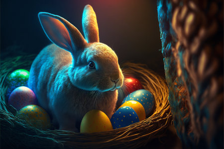 Easter bunny sitting in egg basket created with generative AI technology. High quality illustrationの写真素材