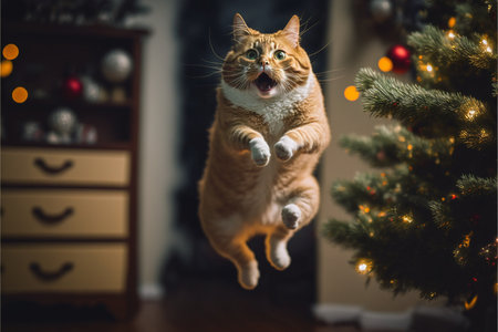 The cat jumps against the background of Christmas scenery created with generative AI technology. High quality illustrationの写真素材