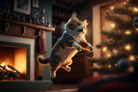 The cat jumps against the background of Christmas scenery created with generative AI technology. High quality illustrationの写真素材