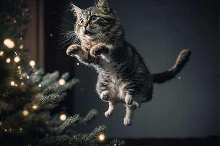 The cat jumps against the background of Christmas scenery created with generative AI technology. High quality illustrationの写真素材