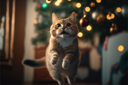 The cat jumps against the background of Christmas scenery created with generative AI technology. High quality illustrationの写真素材