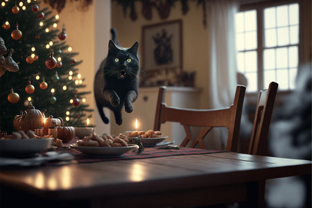 The cat jumps against the background of Christmas scenery created with generative AI technology. High quality illustrationの写真素材