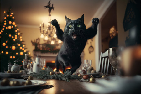The cat jumps against the background of Christmas scenery created with generative AI technology. High quality illustrationの写真素材