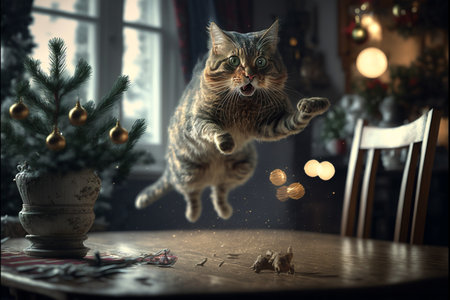 The cat jumps against the background of Christmas scenery created with generative AI technology. High quality illustrationの写真素材