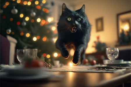 The cat jumps against the background of Christmas scenery created with generative AI technology. High quality illustrationの写真素材