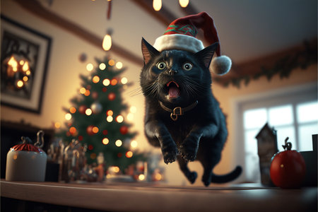 The cat jumps against the background of Christmas scenery created with generative AI technology. High quality illustrationの写真素材