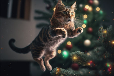 The cat jumps against the background of Christmas scenery created with generative AI technology. High quality illustrationの写真素材