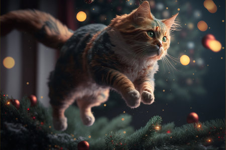 The cat jumps against the background of Christmas scenery created with generative AI technology. High quality illustrationの写真素材