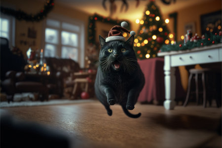 The cat jumps against the background of Christmas scenery created with generative AI technology. High quality illustrationの写真素材