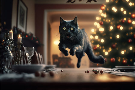 The cat jumps against the background of Christmas scenery created with generative AI technology. High quality illustrationの写真素材